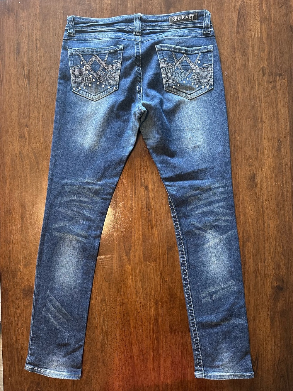 Red Rivet Size 13 Skinny Jeans Blue Denim Rhinestone Embellished Pockets Y2K - Picture 7 of 13